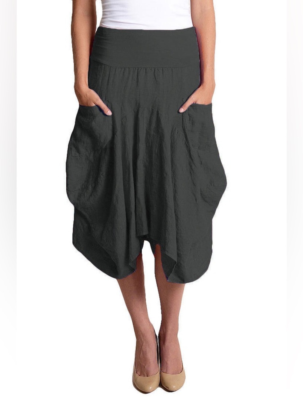 Inizio Lagenlook Magic 2 Pocket Linen Draped Asymmetrical Hem Skirt in Black